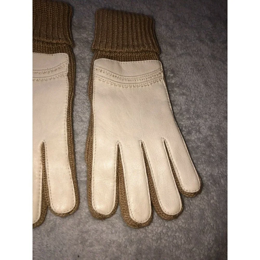 Vintage Ivory Leather Medium Brown Knit Ribbed Cuff Winter Gloves